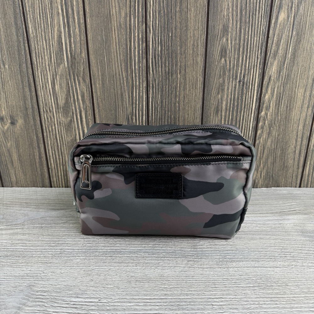 Rebecca Minkoff Camo Cosmetic Makeup Bag Nylon Leather Trim Travel Pouch